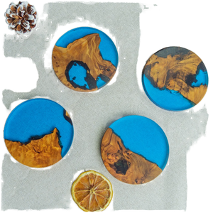 Sous-verres en résine époxy bleu ciel de 4 pouces, design luxueux, motif personnalisé, sous-verres en bois de thuja pour boissons, pour la maison, la table de mariage - Product Image 1