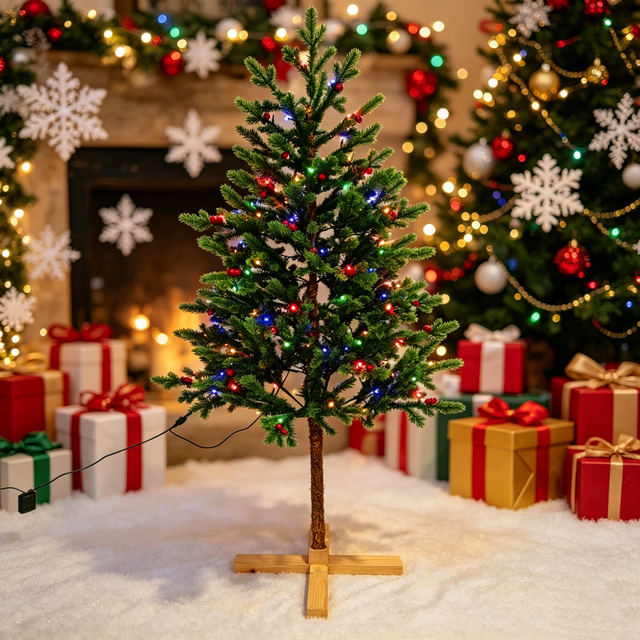 2026 High Quality Mini Small 5ft Christmas Tree Multi-color Led Wooden Stand Tabletop Hinged Tree Home Holiday Decoration