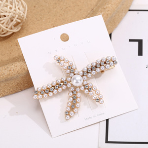 Pinza para el pelo de perlas de estrella de mar, pinza de pico de pato con perlas de diamantes de imitación, tocado diario, hecho en China - Product Image 4