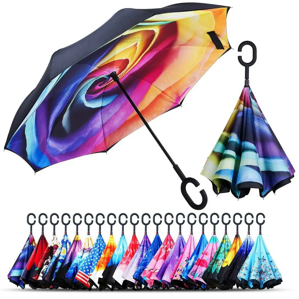 Оптовая продажа, изготовленный на заказ с ручкой, Ветрозащитный Зонт с обратным инвертным обращением, двухслойный 46-дюймовый Зонт с дугой, перевернутый зонт
