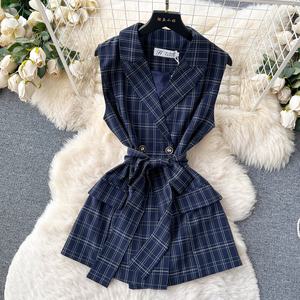 2025 더블 브레스트 격자 무늬 레이스 업 탑 블레이저 정장 세트 여성 사무실 - Product Image 2