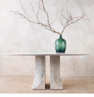 Table de salle à manger moderne en marbre blanc de Carrare naturel pour hôtel de luxe, restaurant, table et chaises pour 8 personnes en marbre