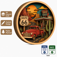 Route 66 Americana Decor Classic Pickup Truck Box |   Art mural 3D découpé au laser en contreplaqué de peuplier |   Cadeau de bureau : Rétro Road Trip