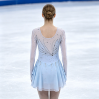 Robe de patinage artistique bleu clair pour enfants et adultes, en maille à manches longues avec strass, pour compétition et spectacle de patinage sur glace