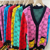 Modèle du jour Pull cardigan en tricot décontracté pour femmes Veste à col en V en tricot personnalisée avec motif de couleur contrastée Slim Winter Free