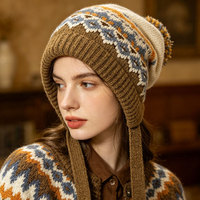Nouveau bonnet d'hiver imperméable en jacquard Fair Isle tricoté avec cache-oreilles ajustables pour femme, épais et chaud, style Noël, polyvalent