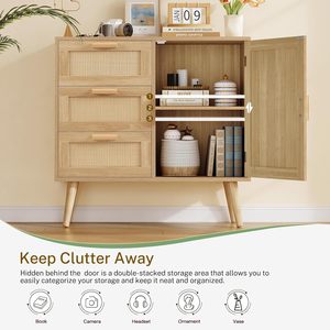 Gabinete de almacenamiento decorativo para muebles de sala de estar de estilo moderno con puerta de ratán y estante ajustable de 3 cajones para dormitorio y comedor - Product Image 2