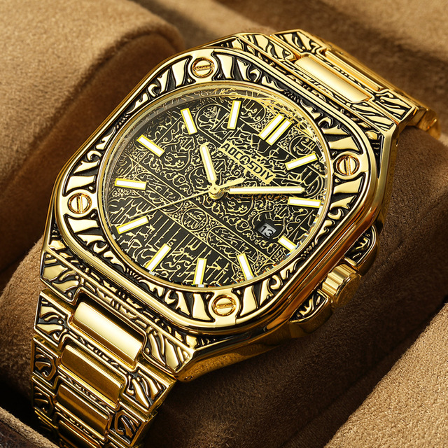 AOCASDIY Brand 6009 New Retro Gold Watch Classic Engraved Square Quartz Watch with Calendar Water-resistant Steel Band