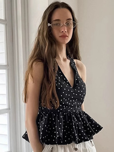 Top CAMIS de Verano Estilo Francés con Estampado de Puntos, Sin Mangas, Cuello Halter, Poliéster Dobby, Cintura Definida y Efecto Adelgazante, Moda Europea y Americana - Product Image 4
