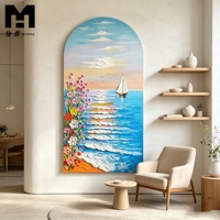 Peinture à l'huile sur toile faite à la main, art mural abstrait, peinture de paysage texturée, bateau à voile floral, vague océanique, tableau mural, décoration intérieure encadrée