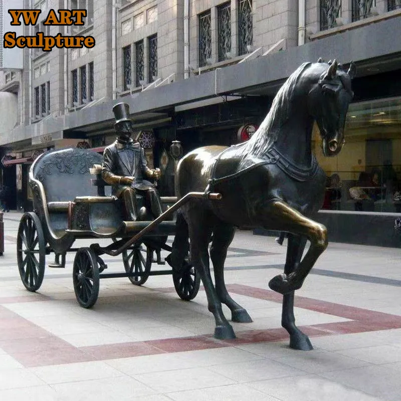 Custom Large Metal Casting Bronze Man and Horse Group Statue With Carriage Fleet Sculpture