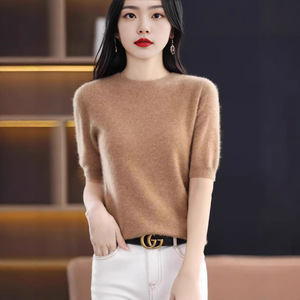 Women's Knitted Short Sleeve Sweater Loose Fit Round Neck <b>Wool</b> <b>Base</b> <b>Layer</b> Spring Autumn Solid Color Smlxlxxl - Product Image 4