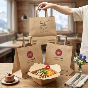 Custom <b>Made</b> Eco-Friendly Disposable Recyclable Kraft <b>Paper</b> Takeout Bag Your Own Logo for Restaurant Noodle Food - Product Image 4