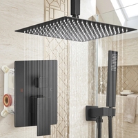 Système de douche de luxe noir mat, kit de douche carré à effet pluie avec douchette à main, robinet de douche en laiton encastré avec valve