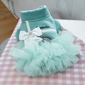 Pet <b>clothes</b> for autumn and winter, small dogs, puppies, happy dogs and <b>cats</b>, warm and comfortable, lake blue with white bow - Product Image 4