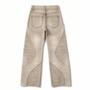 Pantalones Vaqueros Anchos de Hombre WangSheng, Color Beige, Lavado Desgastado, Costuras Curvas, Paneles Geométricos, Estilo Baggy Y2K Grunge Streetwear - Product Image 4