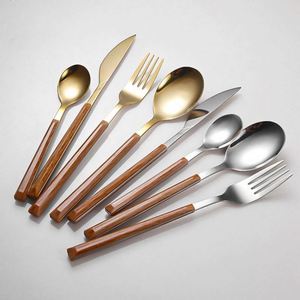 Wholesale Dinner Forks Spoon Travel Flatware <b>Set</b> Wood Grain <b>Plastic</b> Handle Gold Silverware <b>Set</b> Stainless Steel Spoon Knife Fork - Product Image 4