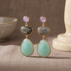 Boucles d'oreilles pendantes en alliage de zinc faites à la main avec pierres précieuses et placage en rhodium, style bohème, boucles d'oreilles tendance - Product Image 3