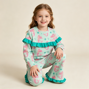 Set Pigiama per Bambine con Stampa Personalizzata OEM, <span class=keywords><strong>Felpa</strong></span> con Volant e Pantaloni a Zampa, Abbigliamento Caldo e Confortevole - Product Image 2