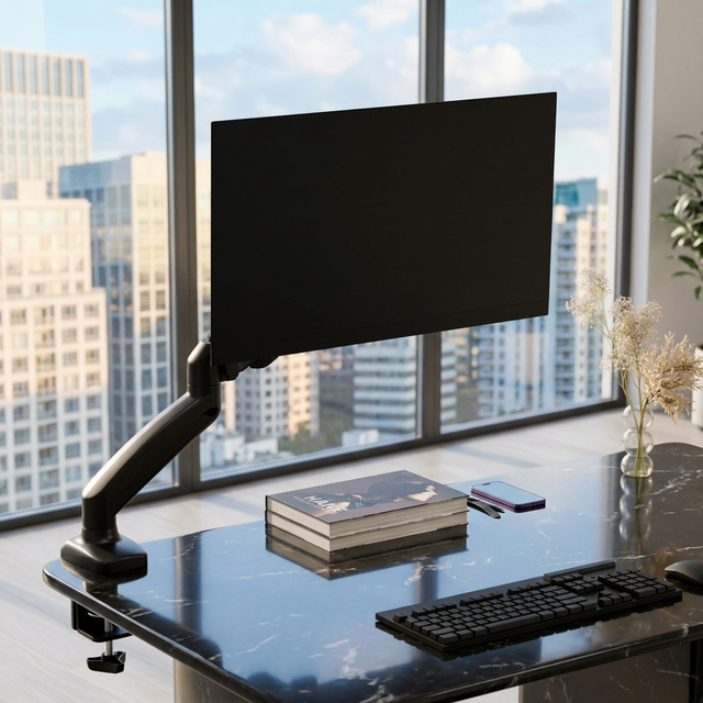 Black Gas Spring Monitor Arm Desk Mount Heavy Duty Single Screen Holder VESA Bracket 32 Inch 8KG CE FCC RoHS