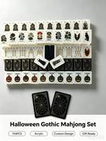 Nouvelles tuiles de mahjong américaines en acrylique à motif gothique citrouille, chauve-souris, chat noir, thème Halloween sombre