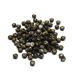 Contas de acrílico para fabricação de jóias, contas de plástico para letras do alfabeto, 6mm * 10mm, círculo, preto e ouro
