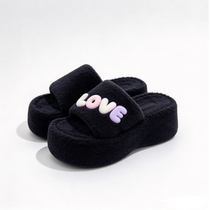 Pantoufles douillettes en peluche, mignonnes, à lettres, à bout ouvert, à semelle épaisse, douces, pour l'hiver, style coréen, gris clair, en fausse fourrure - Product Image 2