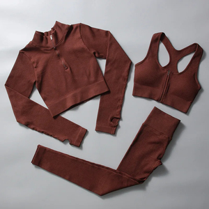 Conjunto de 3 Uds de Yoga sin costuras, Sujetador deportivo con cremallera, mallas de realce de cintura alta, traje de gimnasio con cordón, ropa de manga larga para entrenamiento físico - Product Image 6
