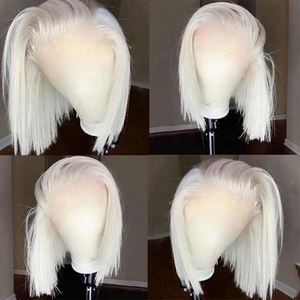 Perruques Bob Blond Platine Gris Argenté 13x4 Lace Frontal Cheveux Humains pour Femmes Lisses et Soyeux Coupe Droite Blanche Blonde - Product Image 6