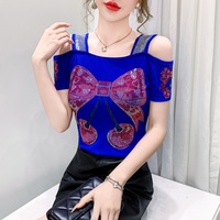 Camiseta de Fiesta Personalizada para Mujer con Lazo de Mariposa, Pedrería y Lentejuelas Brillantes, de Hombros Descubiertos y Manga Corta para Discoteca