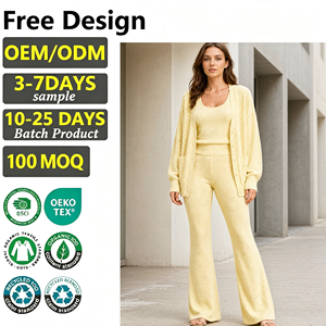 Custom Women Three Piece Knitted Suit Cardigan Tank <b>Top</b> High Waist Flare <b>Trousers</b> Daily Casual Loungewear <b>Set</b> - Product Image 1