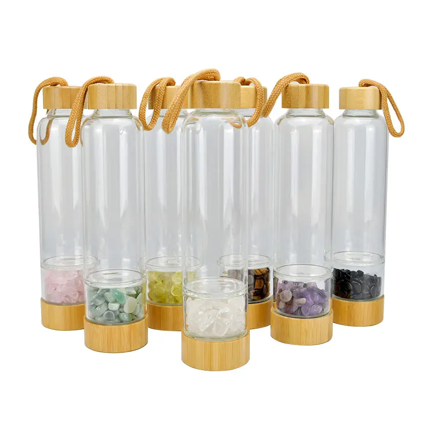 Groothandel Natuurlijke Edelsteen Drinken Healing Quartz Stenen Doordrenkt Glazen Energie Kristal Fles Water Met Bamboe Deksel