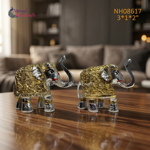 Paire d'éléphants décoratifs en métal argenté et doré, style Art Déco, faits à la main |   Ensemble de figurines décoratives pour la décoration de la maison - Product Image 1