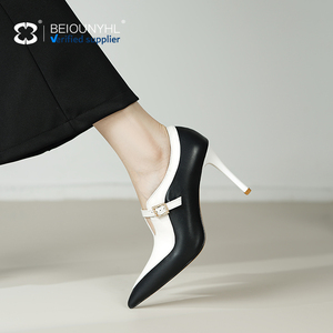 Trắng + đen Doanh Nhọn Khóa một dòng dây đeo chính hãng Da Stiletto gót sang trọng khí quyển mùa hè Phụ nữ dép - Product Image 3