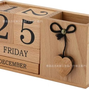 Wooden Desktop <b>Calendar</b> With Pen Holder Square Solid Wood Creative Ornament For Home Office Desk Use - Product Image 4