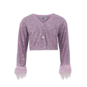 Cardigan da Festa per Ragazze con Paillettes, Maniche Lunghe, <span class=keywords><strong>Tulle</strong></span>, Bordi <span class=keywords><strong>in</strong></span> Piume, Strass, Rete Traforata, Scollo a V, Traspirante e ad Asciugatura Rapida - Product Image 1