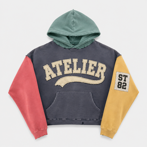 เสื้อฮู้ดดี้ผู้ชายสไตล์สตรีทแวร์ทรงโอเวอร์ไซส์ ผ้าฝ้าย 100% 450 GSM ตกแต่งด้วยผ้าปะต่อสีสันแบบคัลเลอร์บล็อก พร้อมลายปักเชนีลล์ ดีไซน์ดิสเทรส ทรงบ็อกซี่ - Product Image 1