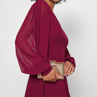 Robe décontractée unie rouge bordeaux pour femme, col rond, manches bouffantes en mousseline, coupe trapèze courte, vente en gros
