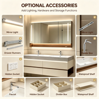 Meuble-lavabo double vasque flottant moderne sur mesure avec tiroirs sans poignées, armoire miroir rétroéclairée par LED, vasque sous plan, pour hôtel, OEM ODM