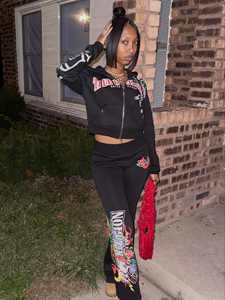 Setelan Jaket dan Celana Panjang Wanita Model Sporty Bergaya Hoodie, Slim Fit, Stretch, Bermotif Cetak C2535 - Product Image 1