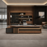 Bureau de direction en forme de L en bois de noyer avec bande lumineuse LED, poste de travail moderne pour PDG, mobilier de bureau personnalisable, fabricant OEM