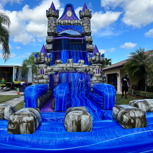 Toboggan gonflable commercial en PVC violet et bleu avec conception de château de piscine avec ventilateur intégré et kits de réparation inclus - Product Image 3