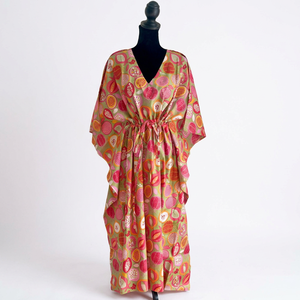 Robe Kaftan à Imprimé Floral pour Femmes, Robe Longue Bohème, Coupe Décontractée, Taille à Cordon, Style Casual - Product Image 1