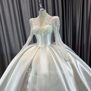 Lscm98 Modern Elegant Ivory Ball Gown <b>Wedding</b> Dress Lace Appliques Illusion Satin Bridal Pearl Button Bodice Smooth Full Skirt - Product Image 4