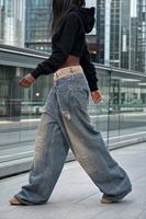 Celana Denim Longgar Desain Pinggang Berlapis Celana Robek Fashion Streetwear Estetika Y2K