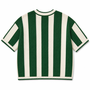 Pull en jersey rayé vintage 100% coton, coupe ample, manches courtes, style rétro sport, logo sur le devant, unisexe - Product Image 3