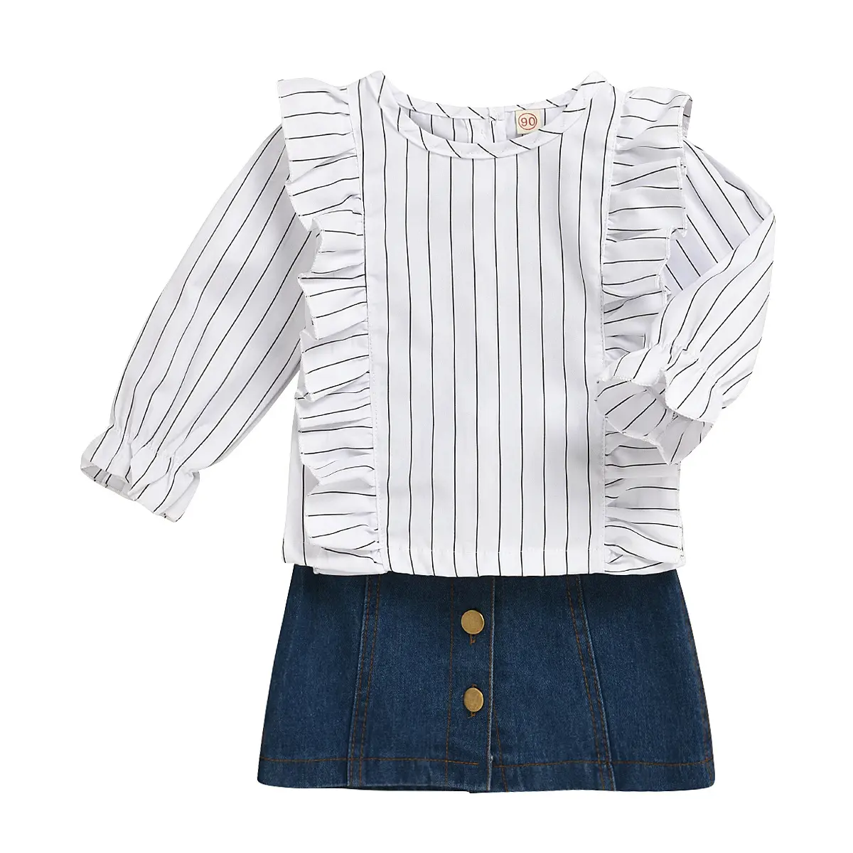 हाओ बच्चे बच्चों बुना धारीदार बढ़ती शिल्प लंबी आस्तीन जैकेट बच्चे डेनिम स्कर्ट बटन कपड़े सेट