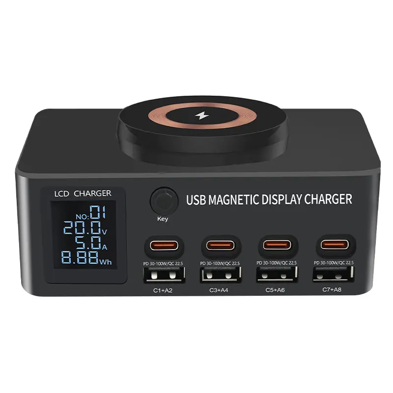 Smart digital display 140W desktop charger Mobile phone laptop magnetic wireless charge PD fast charge multi-port charger