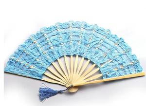 <b>White</b> Cross Stitch Flower Chinese Dance Hand Fan Party Wedding Bamboo Folding <b>Lace</b> Fabric Retro Craft Gift Bride Home Decoration - Product Image 2