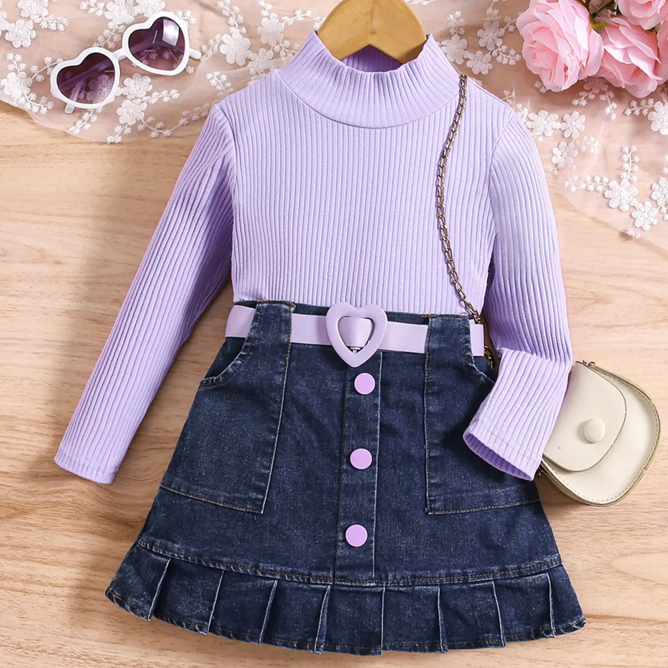 Nouveau ensemble de vêtements pour filles européennes Hauts de couleur unie pour enfants jupes en jean chemise 2pcs jupe en jean à volants de poche pour bébé